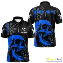 Load image into Gallery viewer, Personalized Black Blue Skull Men's Darts Polo Shirt Mockup, Professional Skull Dart Team Jersey
