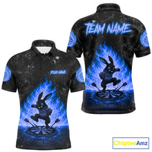 Load image into Gallery viewer, Crazy Rabbit Fire Flame Men's Darts Polo Shirt Mockup, Blue Dart League Jersey, Personalized Tournament Shirt