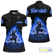 Load image into Gallery viewer, Crazy Rabbit Fire Flame Women's Quarter-Zip Darts Shirt Mockup, Blue Tournament Jersey, Personalized Dart Team Apparel