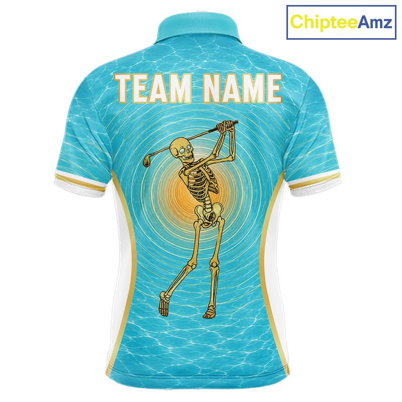 White, Gold & Blue Ocean Skeleton Golf Polo Shirts For Men Custom Skull Golf Team Jersey, Golf Gifts NYN4033