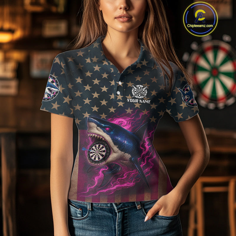 Custom Pink Flames Shark Patriotic Dart Polo Shirt For Women Outfit US Flag Dart Jersey NYN1361