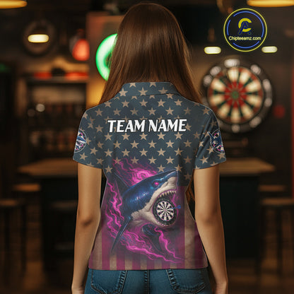 Custom Pink Flames Shark Patriotic Dart Polo Shirt For Women Outfit US Flag Dart Jersey NYN1361