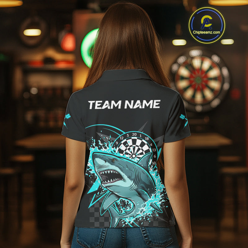 Black And Turquoise Funny Shark Dartboard Custom Women Darts Polo Shirt Dart Jerseys NYN1906