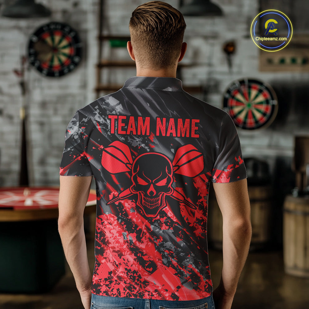 Custom Streaks Red And Grey Skull Men Darts Polo Team Shirt Skull Dart League Jerseys NYN2179