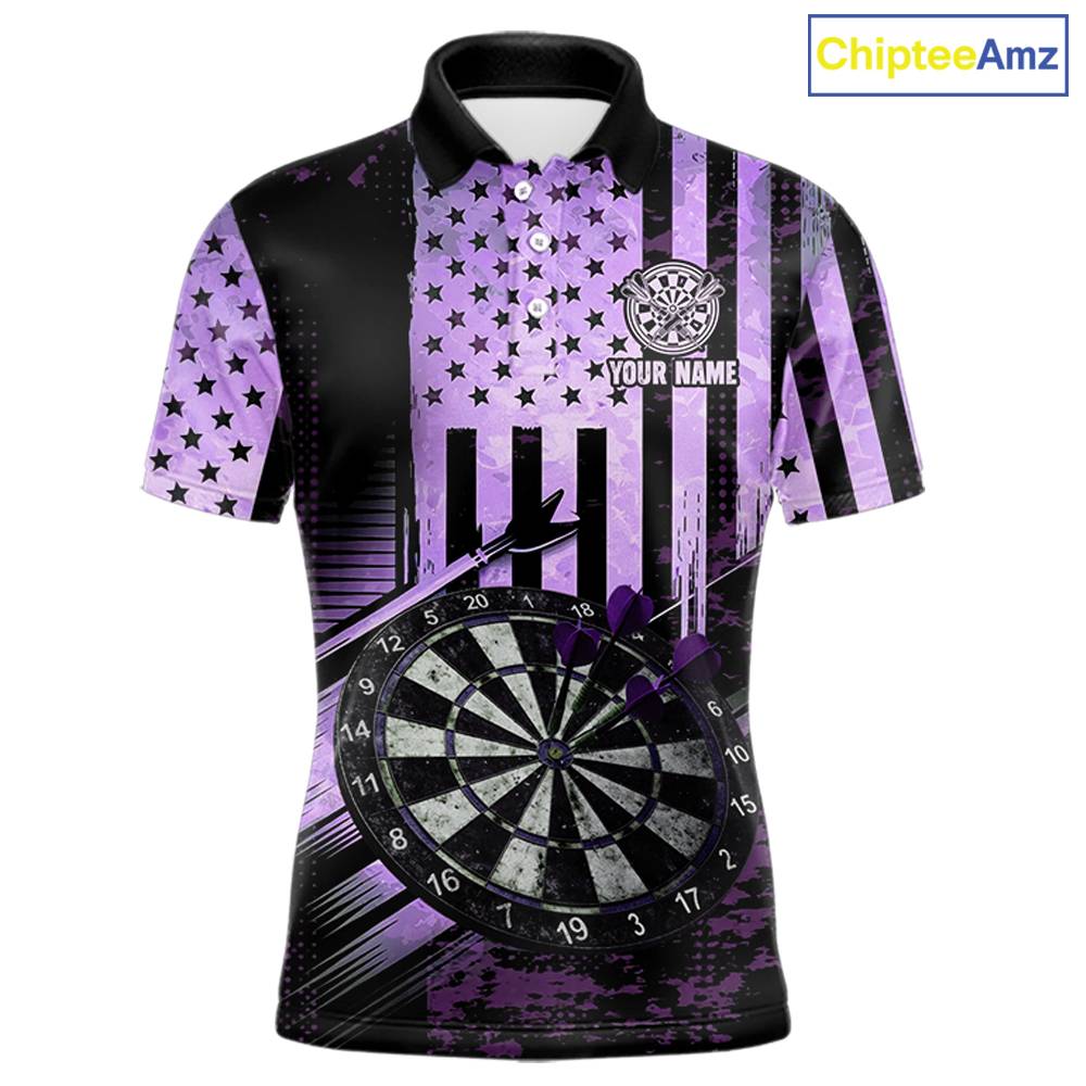 Purple US Flag Grunge Dartboard & Arrow Men Darts Polo Shirts Custom Dart Team Jerseys NYN2444