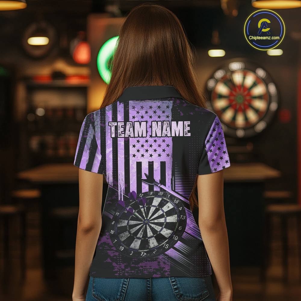 Purple US Flag Grunge Dartboard & Arrow Women Darts Polo Shirts Custom Dart Team Jerseys NYN2444