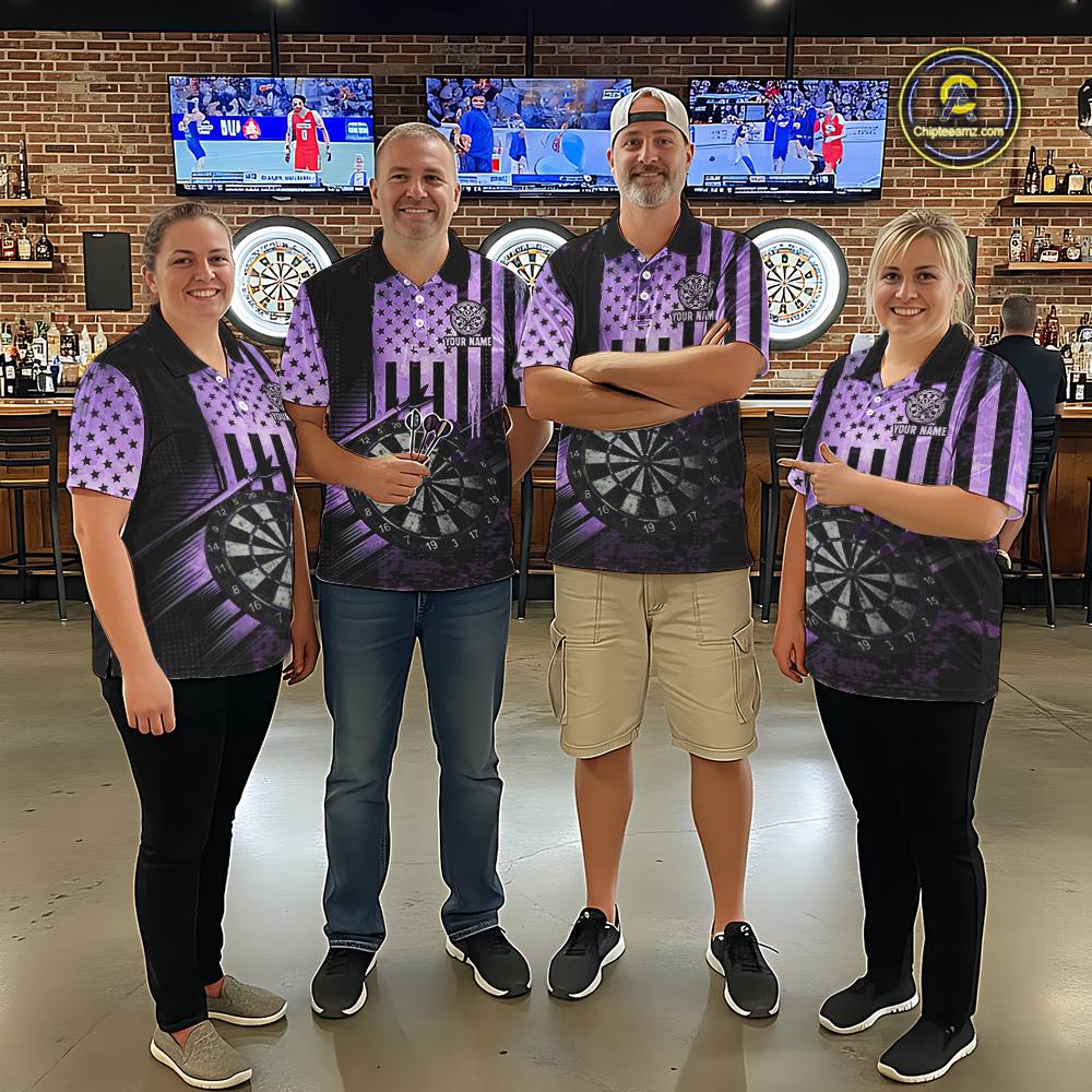 Purple US Flag Grunge Dartboard & Arrow Men Darts Polo Shirts Custom Dart Team Jerseys NYN2444