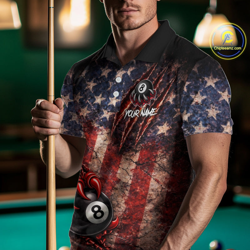 Personalized Cracked US Flag Grunge Claws Pool 8 Ball Men's Billiard Team Shirt Billiard Attire NYN2672