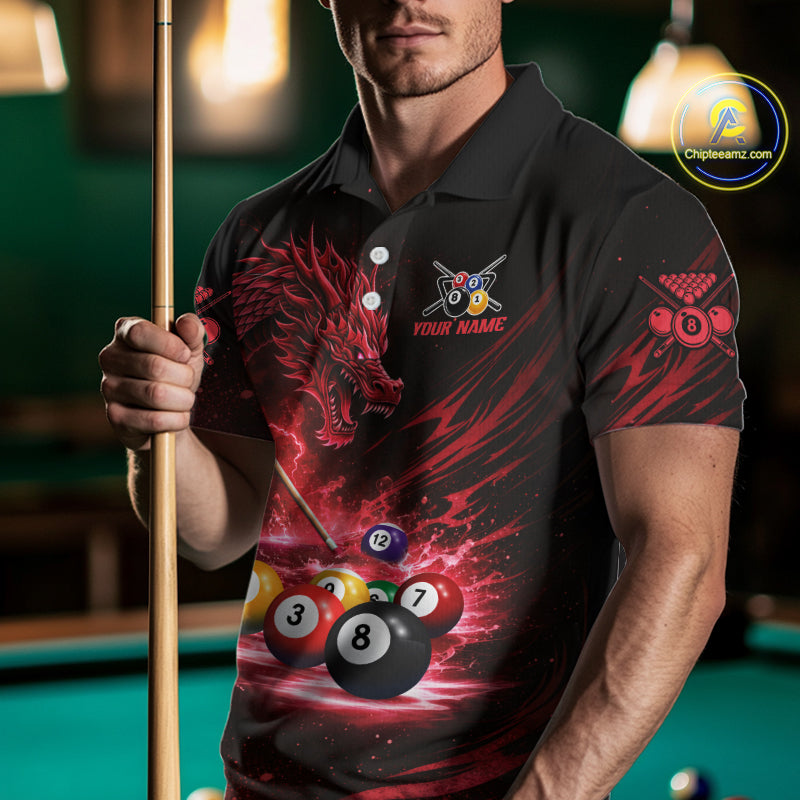 Red Funny Dragon Thunder Ball Pool Billiard Team Shirt For Men Custom Billiards Ball Attire NYN3041