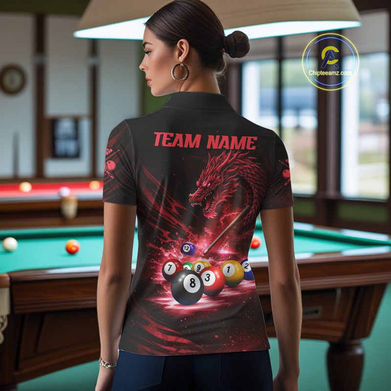 Red Funny Dragon Thunder Ball Pool Billiard Team Shirt For Women Custom Billiards Ball Attire NYN3041