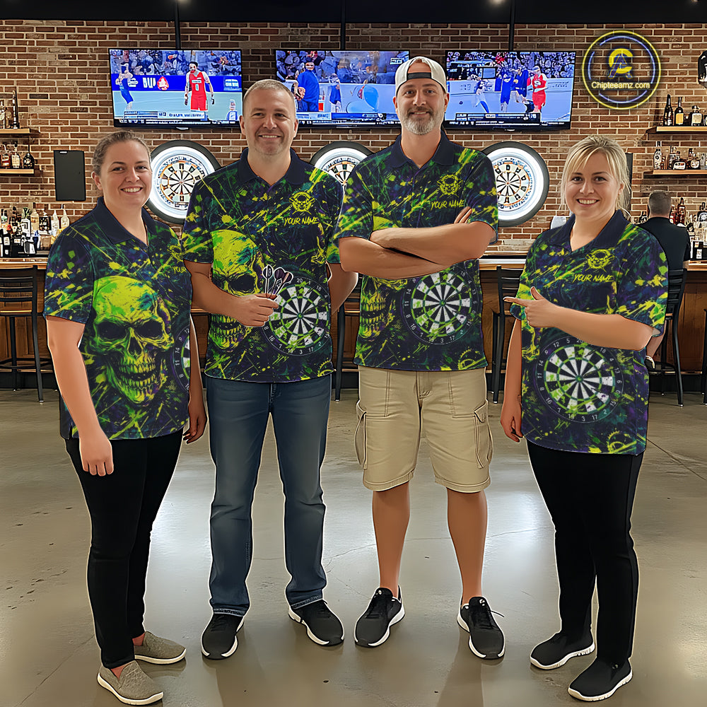 Grunge Blue Green Strike Horror Skull Womens Darts Shirt Personalized Splatter Dart Team Jerseys NYN3202