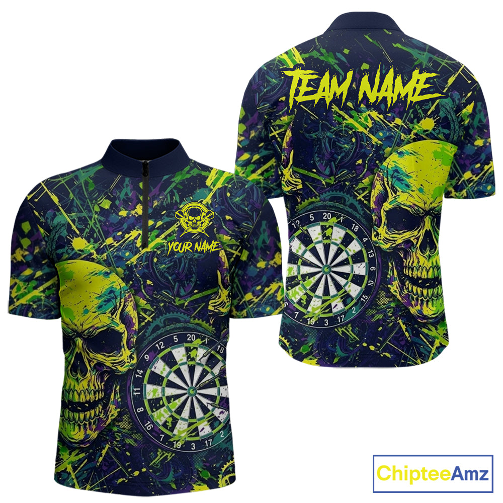 Grunge Blue Green Strike Horror Skull Mens Darts Shirt Personalized Splatter Dart Team Jerseys NYN3202