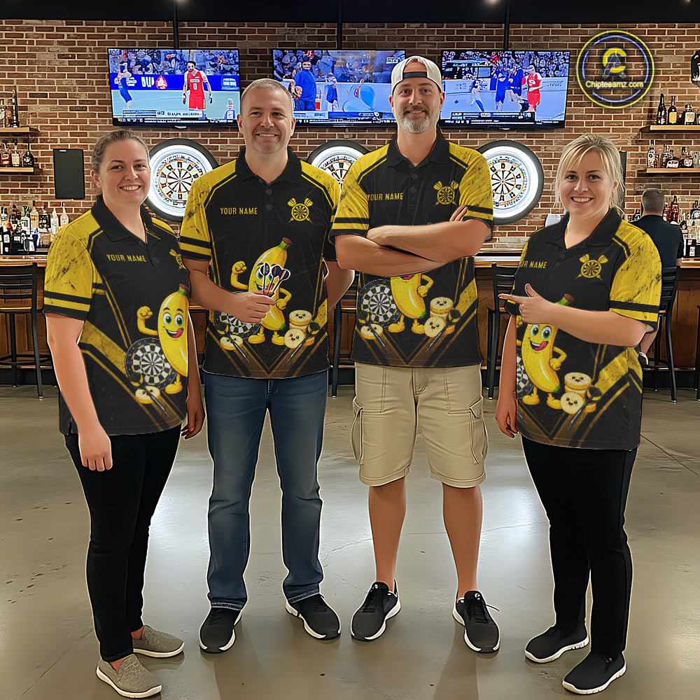 Funny Banana Mascot Black And Yellow Darts Jersey For Women Custom Polo & 1/4 Zip Darts Team Shirts NYN3206