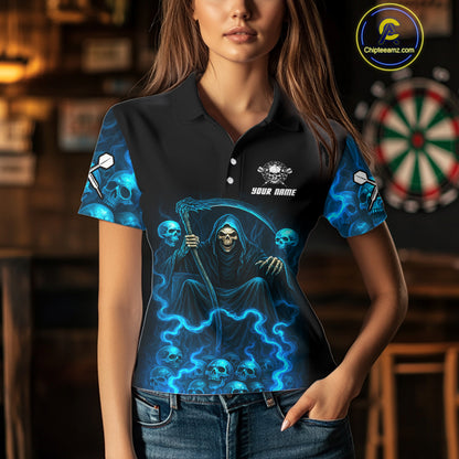 Blue The Reaper Women's Darts Shirt Flame Skulls Team Jersey - Custom Name For Players NYN0507