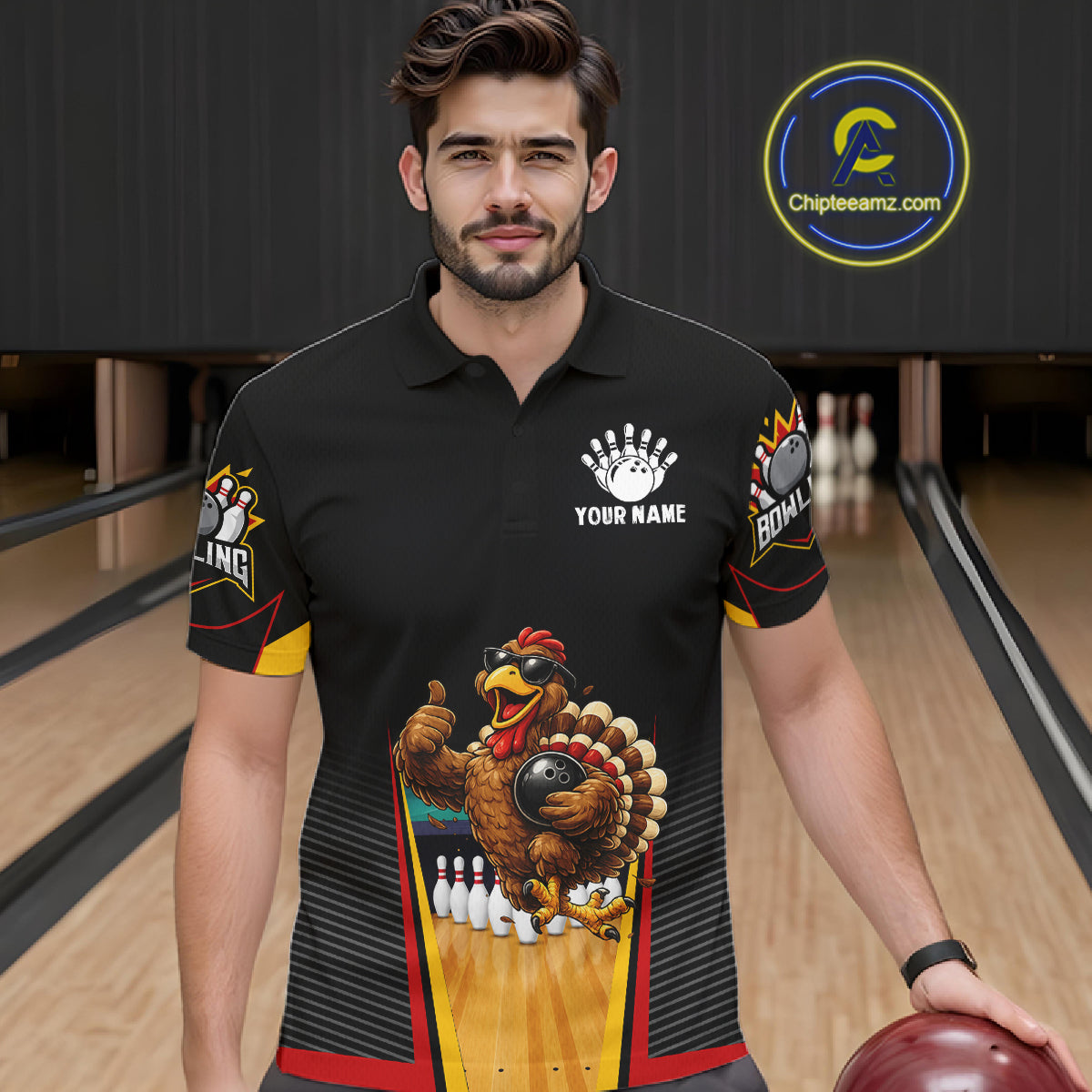 Funny Rooster Black & Red Bowling Polo Quarter-Zip Shirt For Men Custom Bowling Team Jersey NYN3750