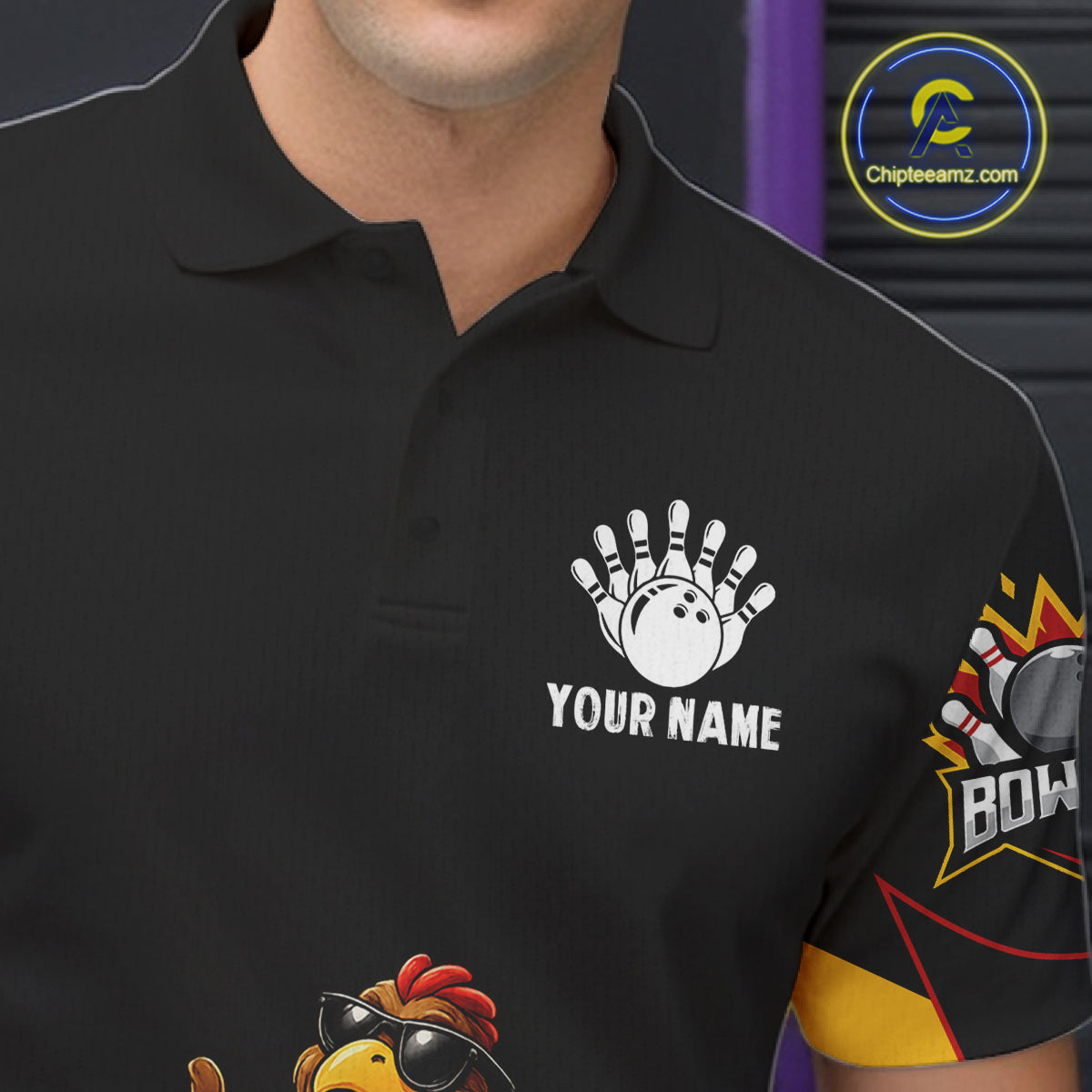 Funny Rooster Black & Red Bowling Polo Quarter-Zip Shirt For Men Custom Bowling Team Jersey NYN3750