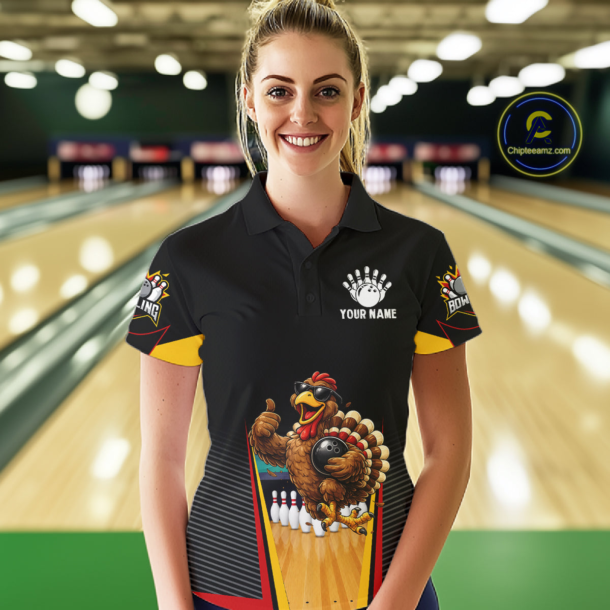 Funny Rooster Black & Red Bowling Polo Quarter-Zip Shirt For Women Custom Bowling Team Jersey NYN3750