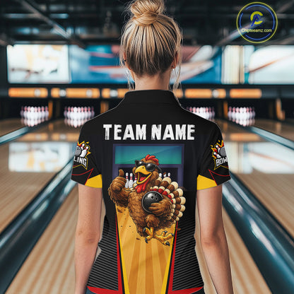 Funny Rooster Black & Red Bowling Polo Quarter-Zip Shirt For Women Custom Bowling Team Jersey NYN3750