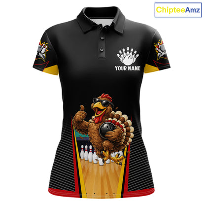 Funny Rooster Black & Red Bowling Polo Quarter-Zip Shirt For Women Custom Bowling Team Jersey NYN3750