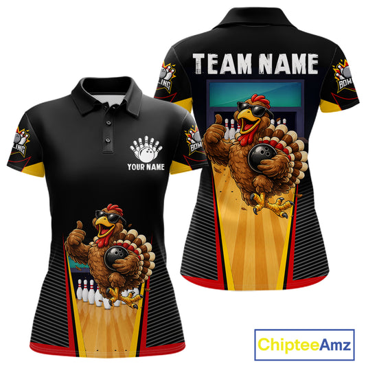 Funny Rooster Black & Red Bowling Polo Quarter-Zip Shirt For Women Custom Bowling Team Jersey NYN3750