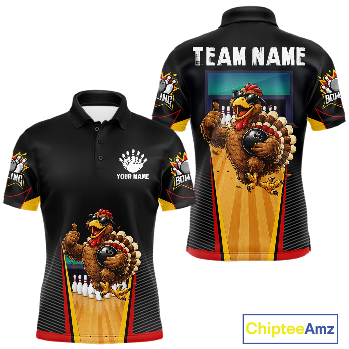 Funny Rooster Black & Red Bowling Polo Quarter-Zip Shirt For Men Custom Bowling Team Jersey NYN3750