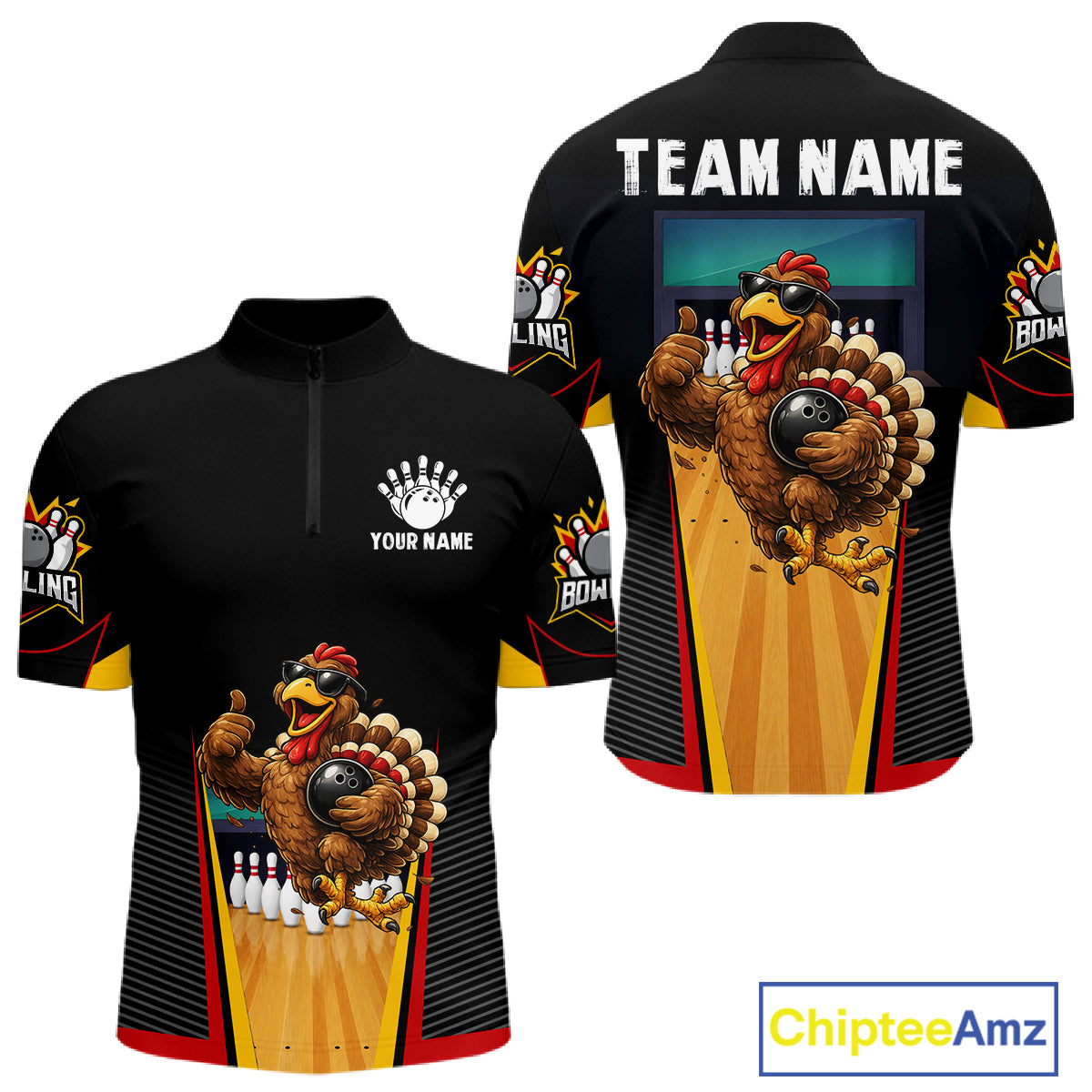 Funny Rooster Black & Red Bowling Polo Quarter-Zip Shirt For Men Custom Bowling Team Jersey NYN3750