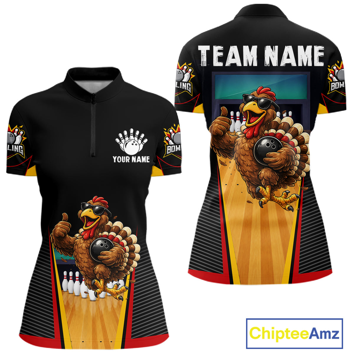 Funny Rooster Black & Red Bowling Polo Quarter-Zip Shirt For Women Custom Bowling Team Jersey NYN3750
