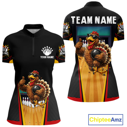 Funny Rooster Black & Red Bowling Polo Quarter-Zip Shirt For Women Custom Bowling Team Jersey NYN3750
