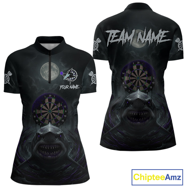 Black And Purple Gothic Shark Dartboard Custom Women Darts Quarter-Zip Shirt Shark Dart Jerseys NYN1923