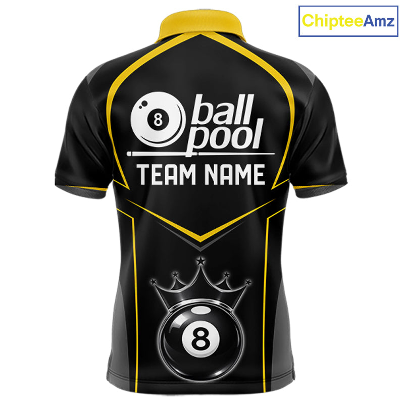 Black 8 Ball Crown Pool Men Polo & 1/4-Zip Team Shirts Custom Billiards Ball & Cue Attire|Yellow NYN2459