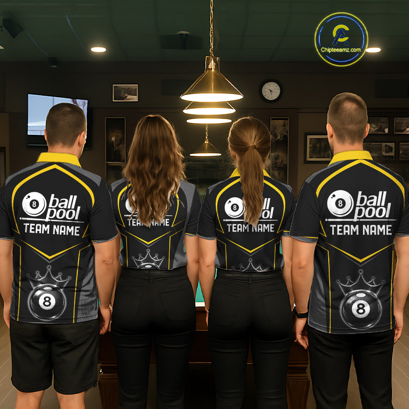 Black 8 Ball Crown Pool Women Polo & 1/4-Zip Team Shirts Custom Billiards Ball & Cue Attire|Yellow NYN2459