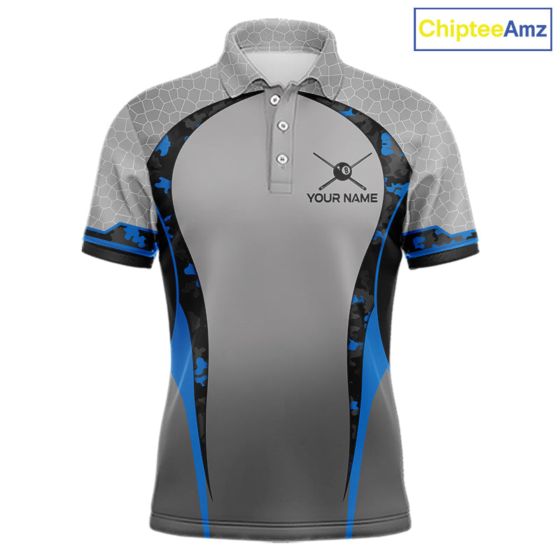 Camo 8 Ball Pool Billiard Polo & 1/4-Zip Shirt For Men Custom Blue And Grey Billiard Team Attire NYN3048
