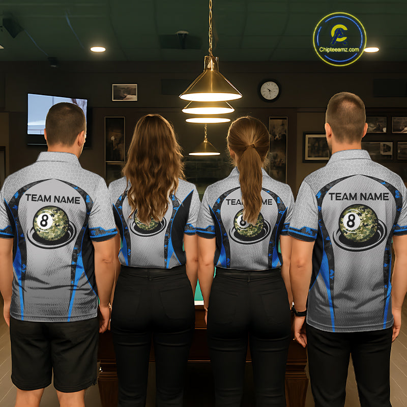 Camo 8 Ball Pool Billiard Polo & 1/4-Zip Shirt For Men Custom Blue And Grey Billiard Team Attire NYN3048