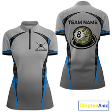 Load image into Gallery viewer, Camo 8 Ball Pool Billiard Polo &amp; 1/4-Zip Shirt For Women Custom Blue And Grey Billiard Team Attire NYN3048