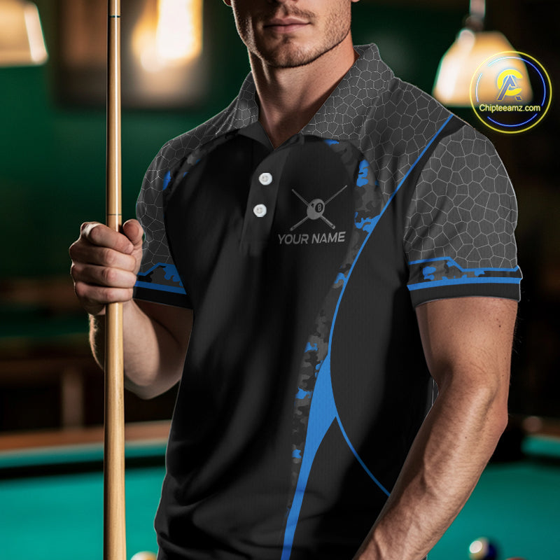 Camo 8 Ball Pool Billiard Polo & 1/4-Zip Shirt For Men Custom Blue And Black Billiard Team Attire NYN3049