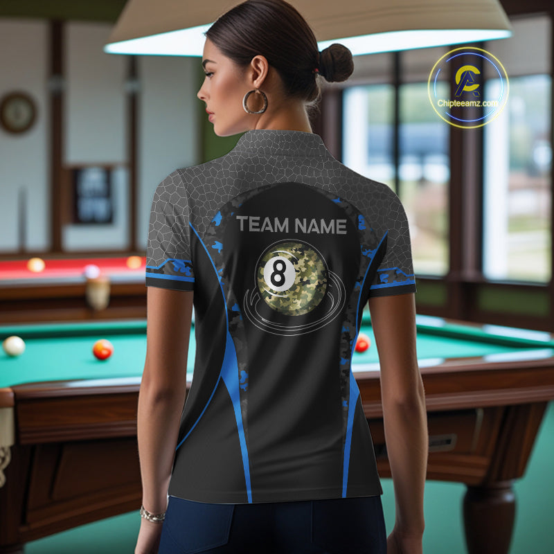 Camo 8 Ball Pool Billiard Polo & 1/4-Zip Shirt For Women Custom Blue And Black Billiard Team Attire NYN3049