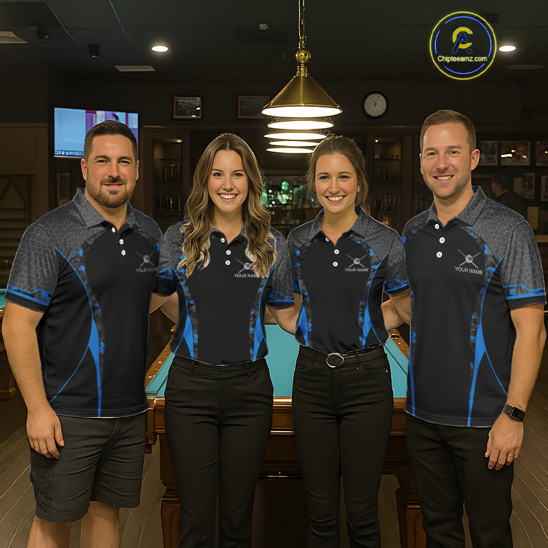 Camo 8 Ball Pool Billiard Polo & 1/4-Zip Shirt For Men Custom Blue And Black Billiard Team Attire NYN3049