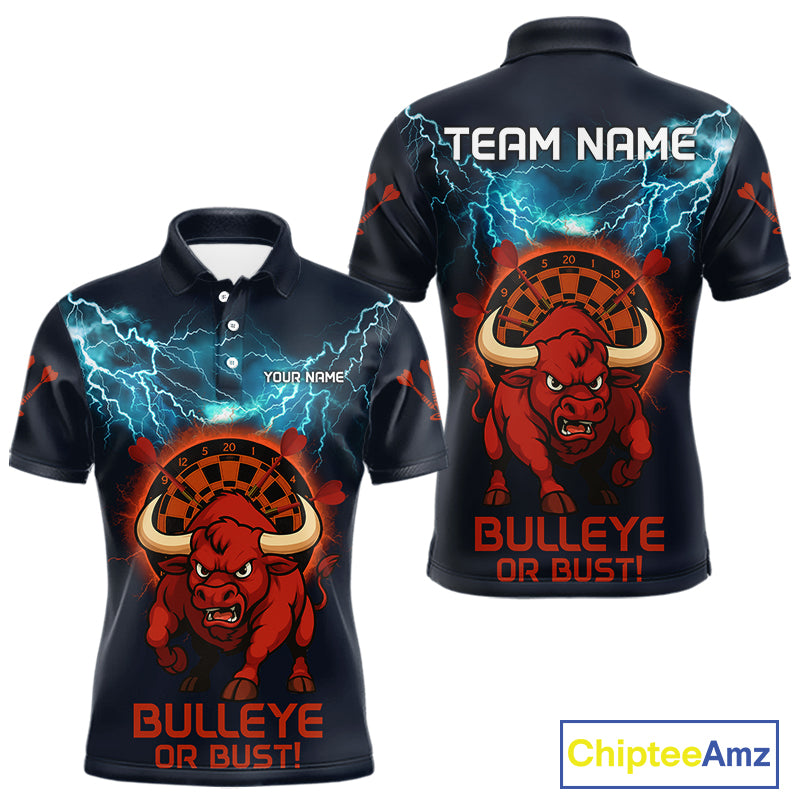 Men's Custom Darts Shirt With Red Angry Bull Lightning Effect And Flame Dartboard NYN0262