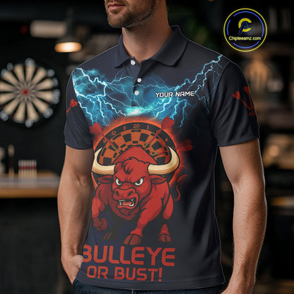 Men's Custom Darts Shirt With Red Angry Bull Lightning Effect And Flame Dartboard NYN0262