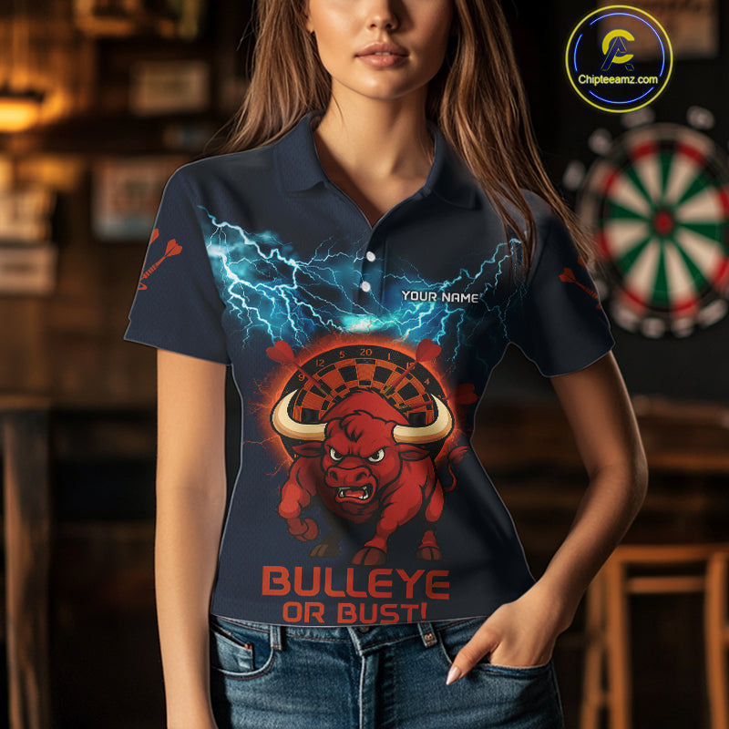 Women's Custom Darts Shirt With Red Angry Bull Lightning Effect And Flame Dartboard NYN0262
