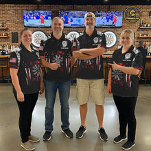 Load image into Gallery viewer, Black, White And Red Splatter Dartboard Men Dart Shirt Custom Grunge US Flag Dart Team Attire NYN3212