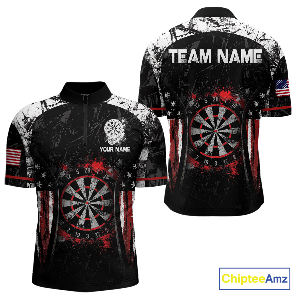 Black, White And Red Splatter Dartboard Men Dart Shirt Custom Grunge US Flag Dart Team Attire NYN3212