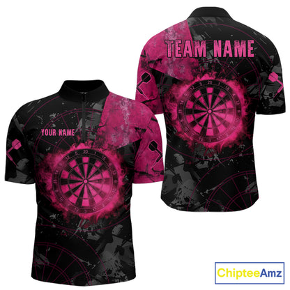 Black And Pink Smoking Dartboard Men Dart Polo 1/4-Zip Shirt Custom Grunge Dart Team Attire NYN3214