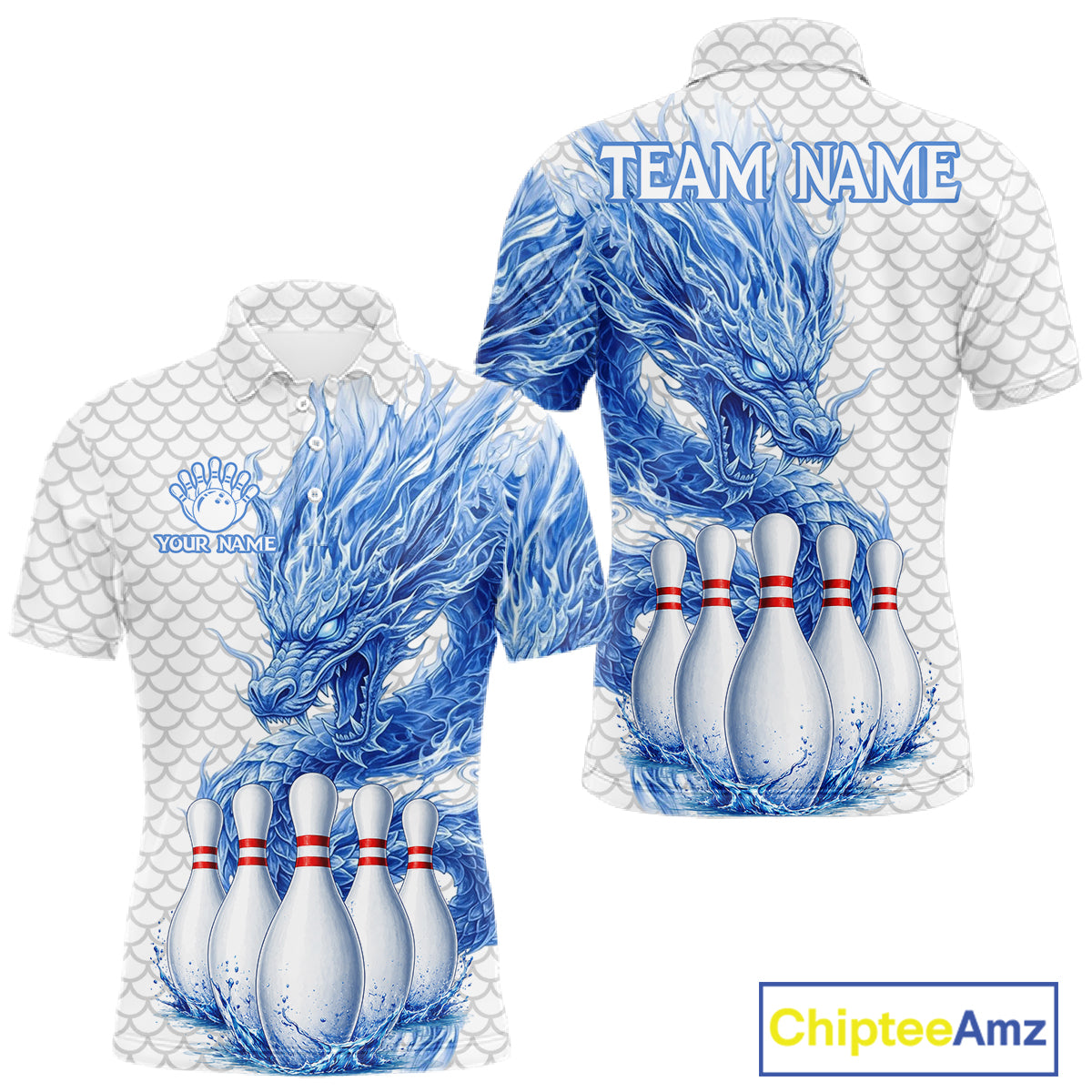 Men's white blue dragon bowling polo shirt mockup custom bowling team jersey splatter dragon bowling apparel
