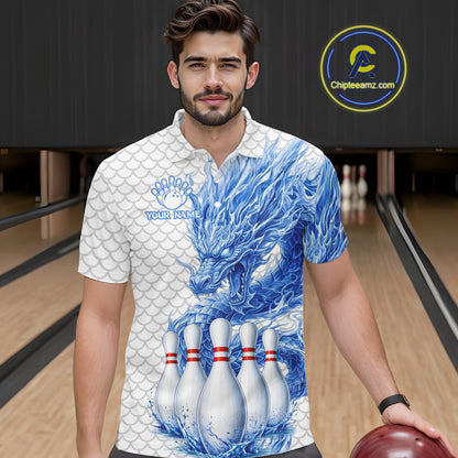 Male model wearing white blue dragon bowling polo shirt custom bowling team jersey for league bowlers