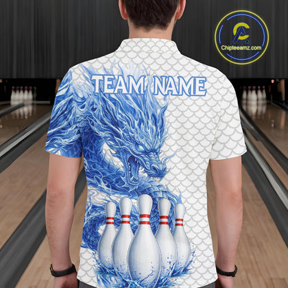 Male model wearing white blue dragon bowling polo shirt custom bowling team jersey for league bowlers
