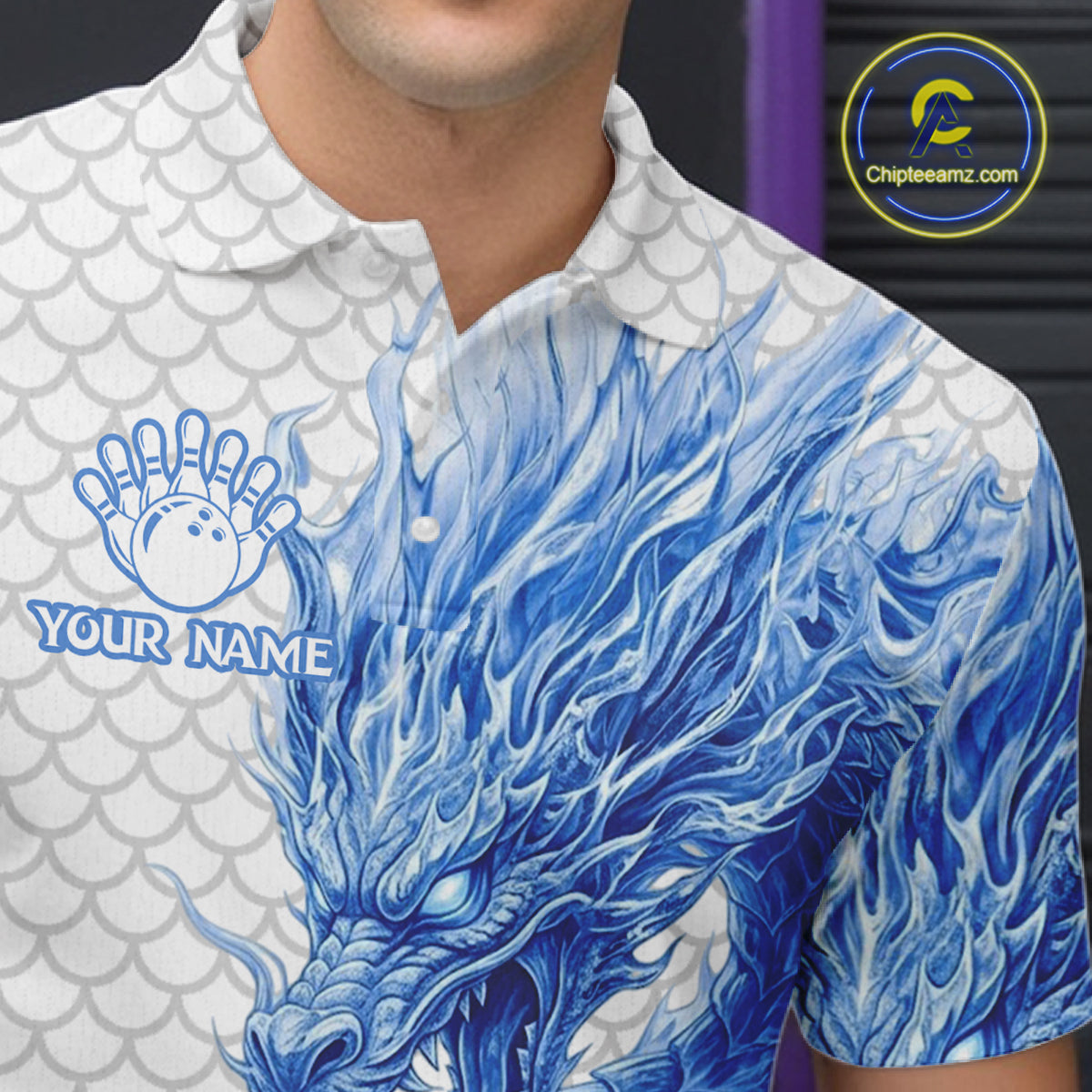 Male model wearing white blue dragon bowling polo shirt custom bowling team jersey for league bowlers
