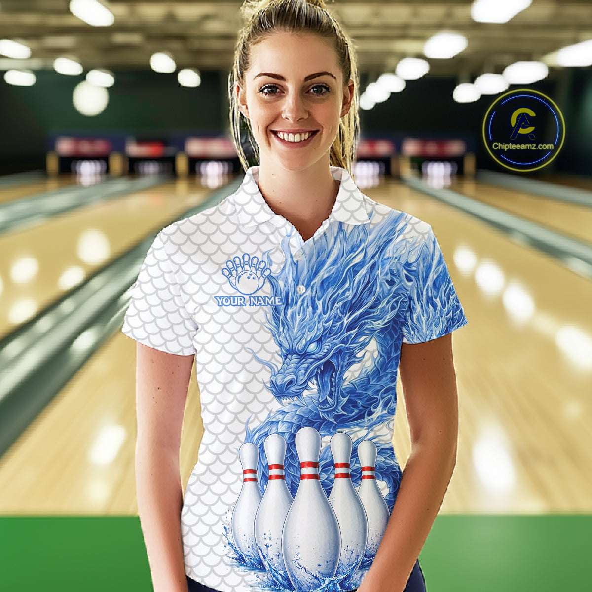 Female model wearing white blue dragon bowling polo shirt custom bowling team jersey for league bowlers