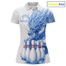 Load image into Gallery viewer, Women's white blue dragon bowling polo shirt mockup custom bowling team jersey splatter dragon bowling apparel