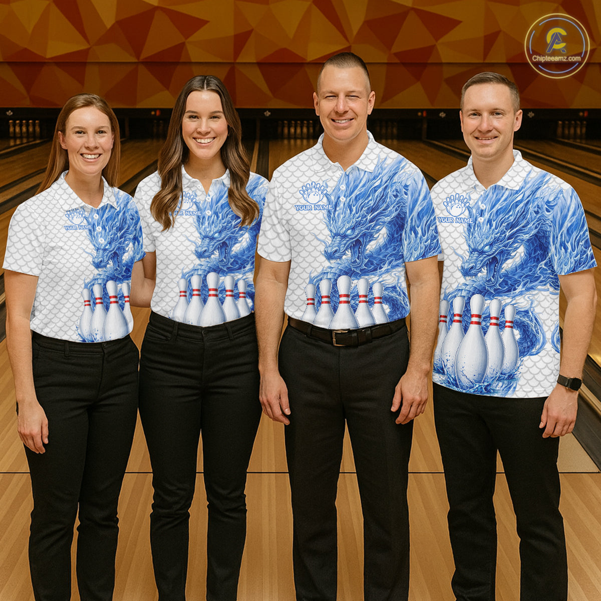 Bowling team wearing white blue dragon bowling polo shirts custom team jerseys for league and tournament bowlers